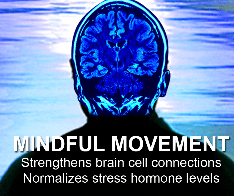 Mindful movement strengthens cerebra cortex function and improves cortisol levels. 